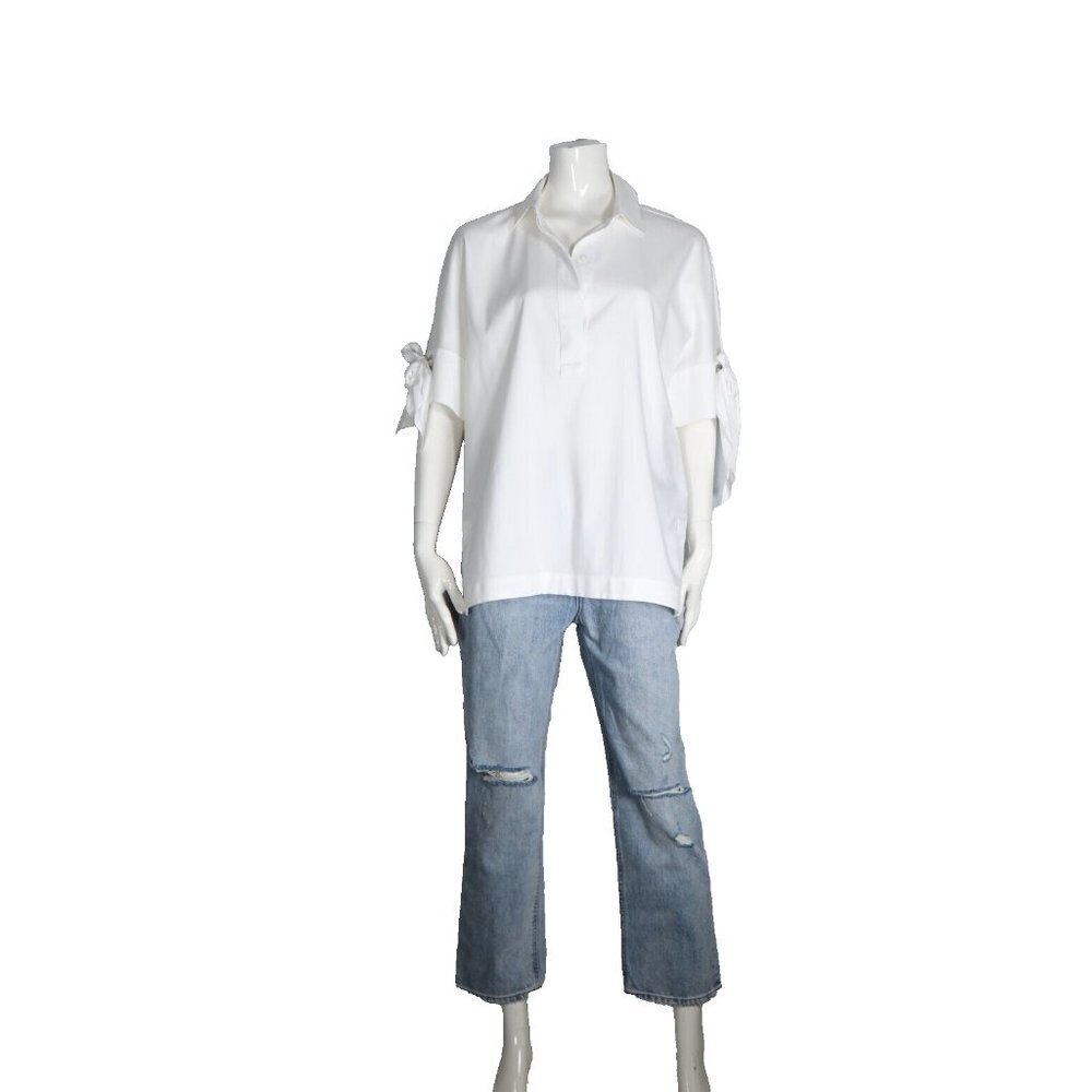 Chico's Women's Medium US10 White Non-Iron Chic Stretch Blouse Tie Sleeve Shirt